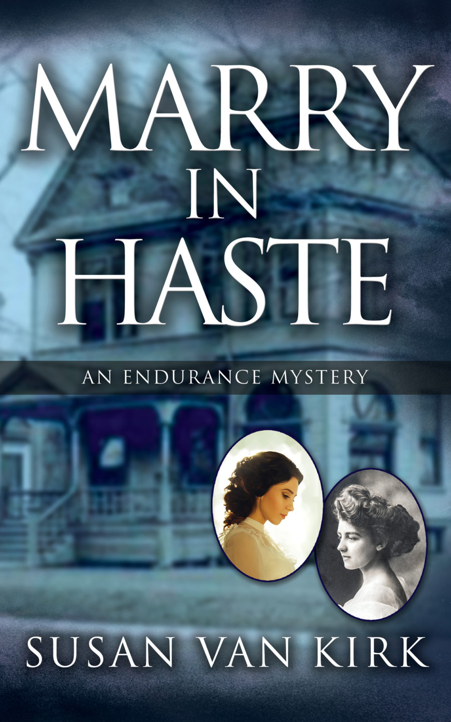 book cover image with title and author showing an old house and two profile pictures of two different women.  