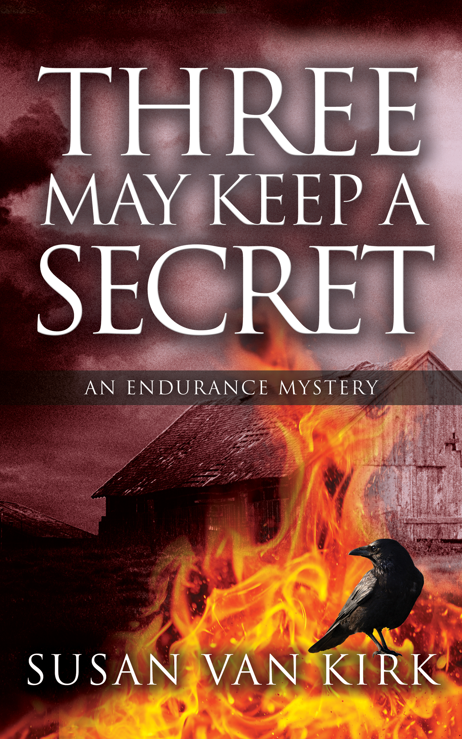 book cover image with title and author with an image of a bird, and a fire burning an old barn. 