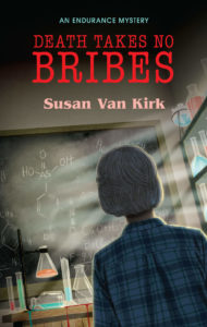 book cover with title and author name and an illustration of a teacher in chemistry lab.