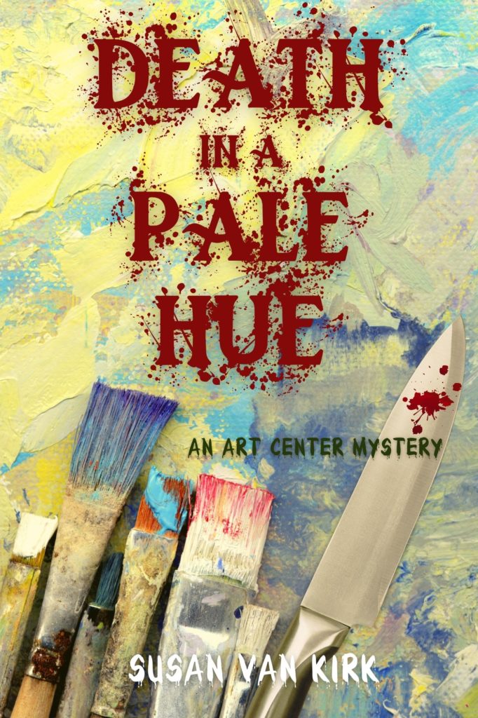Drawing of the book cover that includes the title of the book, author, and a canvas with dirty paint brushes.