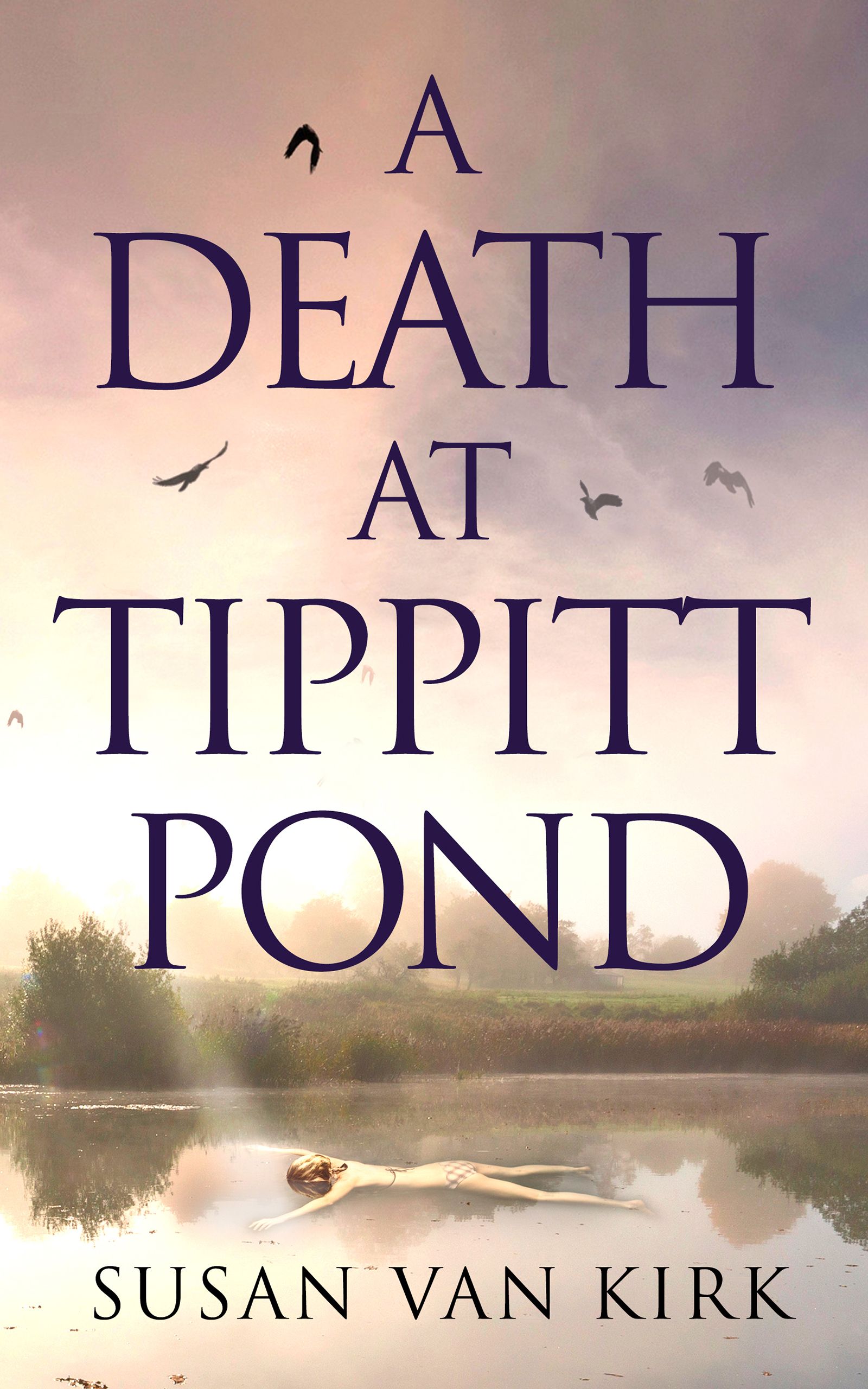 Book cover showing title and author with a still pond at sunset and a body floating face down in the water. 