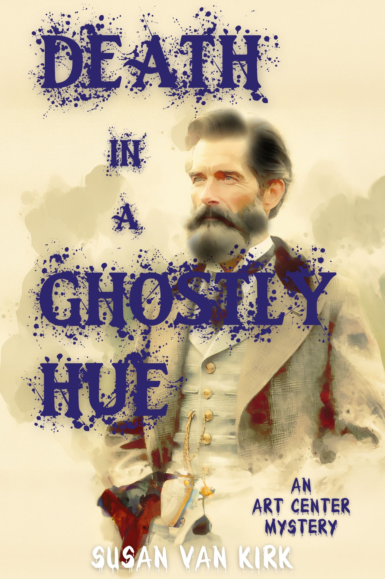 Book cover with title Death in a Ghostly Hue that shows an older man with black hair and beard dressed in clothing from a time past.