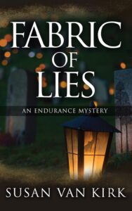 Cover of an ebook for Fabric of Lies and shows a street lamp at darlk.